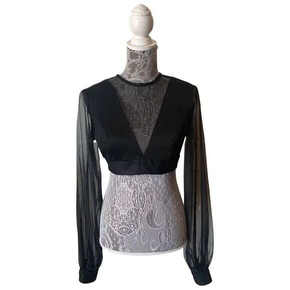 VINTAGE Frederick’s of Hollywood Sheer Panel Crop Blouse Black - Picture 1 of 9